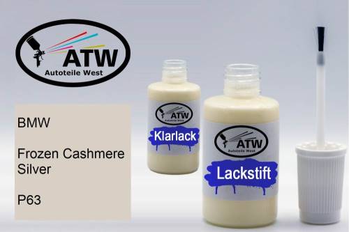 BMW, Frozen Cashmere Silver, P63: 20ml Lackstift + 20ml Klarlack - Set, von ATW Autoteile West.